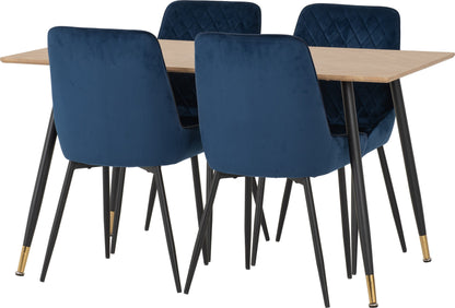 Hamilton & Avery Medium Dining Set (X4 Chairs) - Medium Oak Effect/Sapphire Blue Velvet