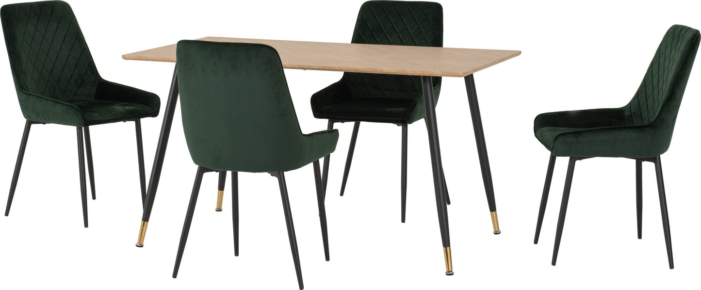 Hamilton & Avery Medium Dining Set (X4 Chairs) - Medium Oak Effect/Emerald Green Velvet