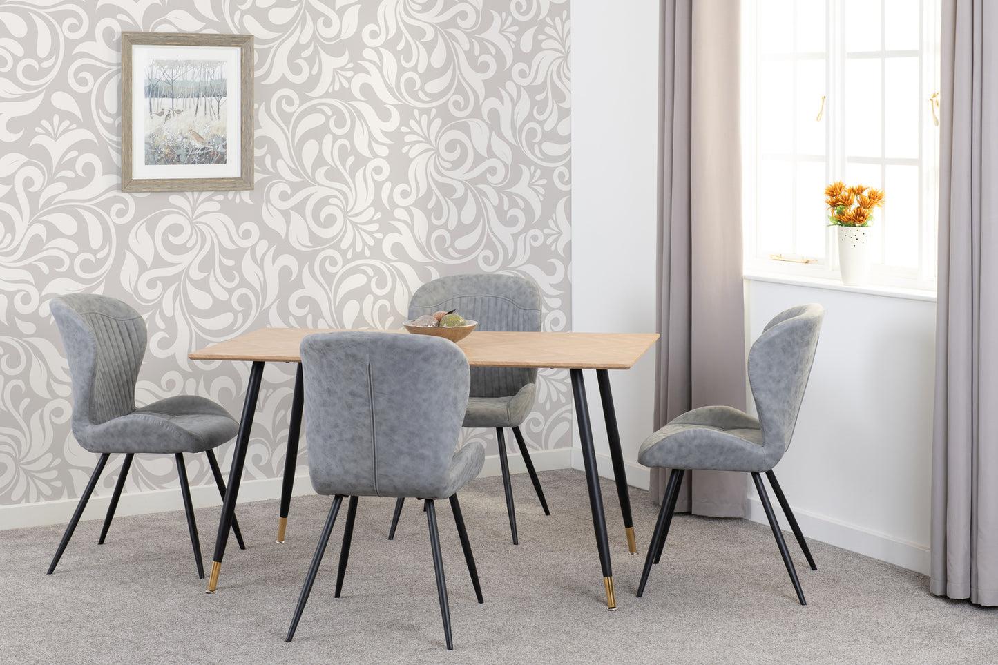 Hamilton & Quebec Medium Dining Set (X4 Chairs) - Medium Oak Effect/Grey Pu