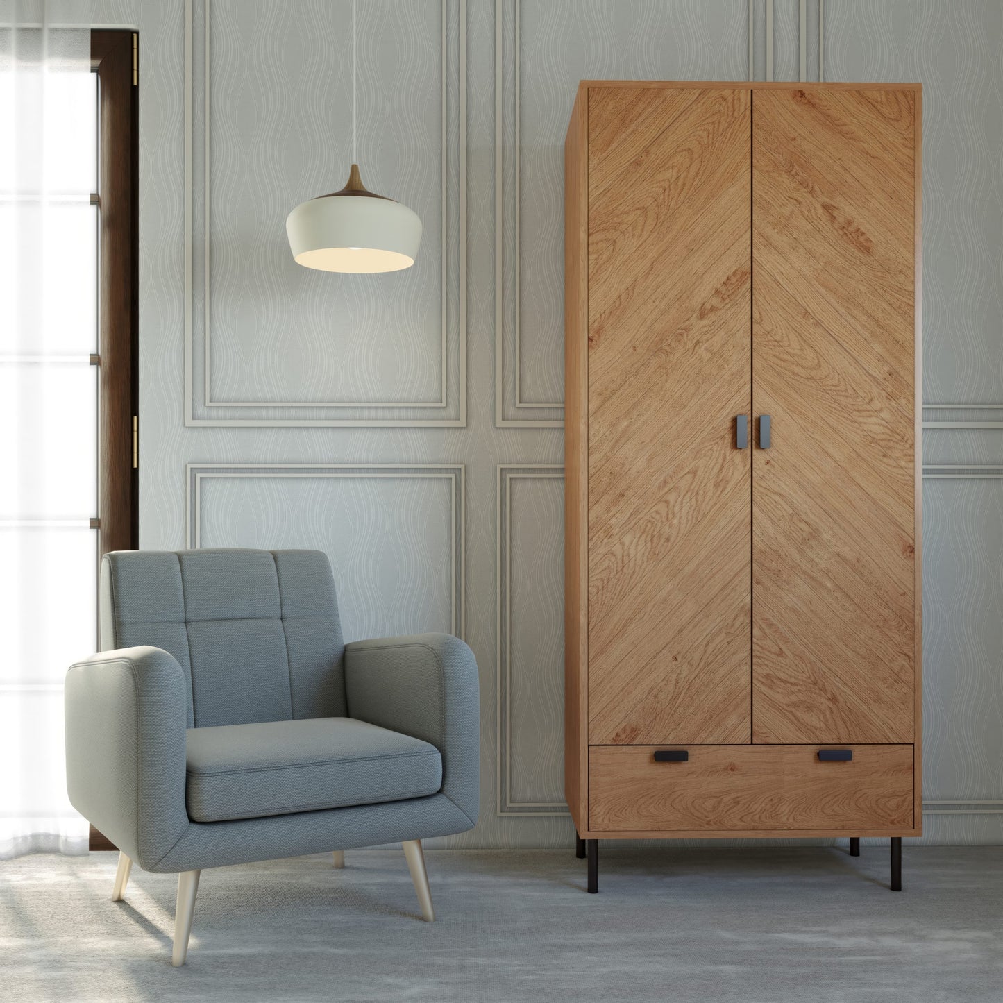 Leon 2 Door 1 Drawer Wardrobe - Medium Oak Effect