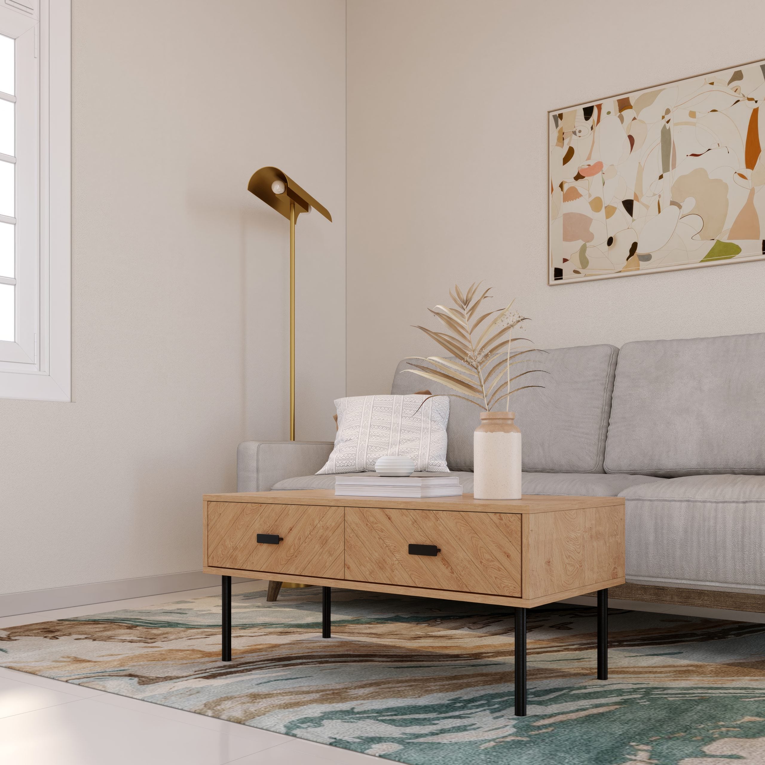 Leon 2 Drawer Coffee Table - Medium Oak Effect