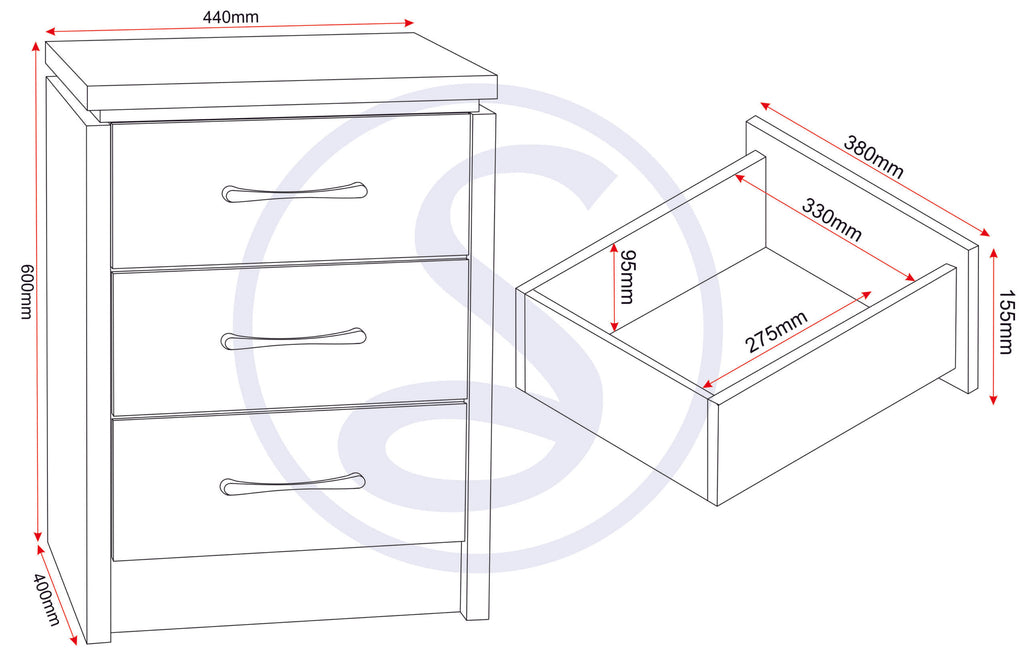 Charles 3 Drawer Bedside - Oak Effect Veneer