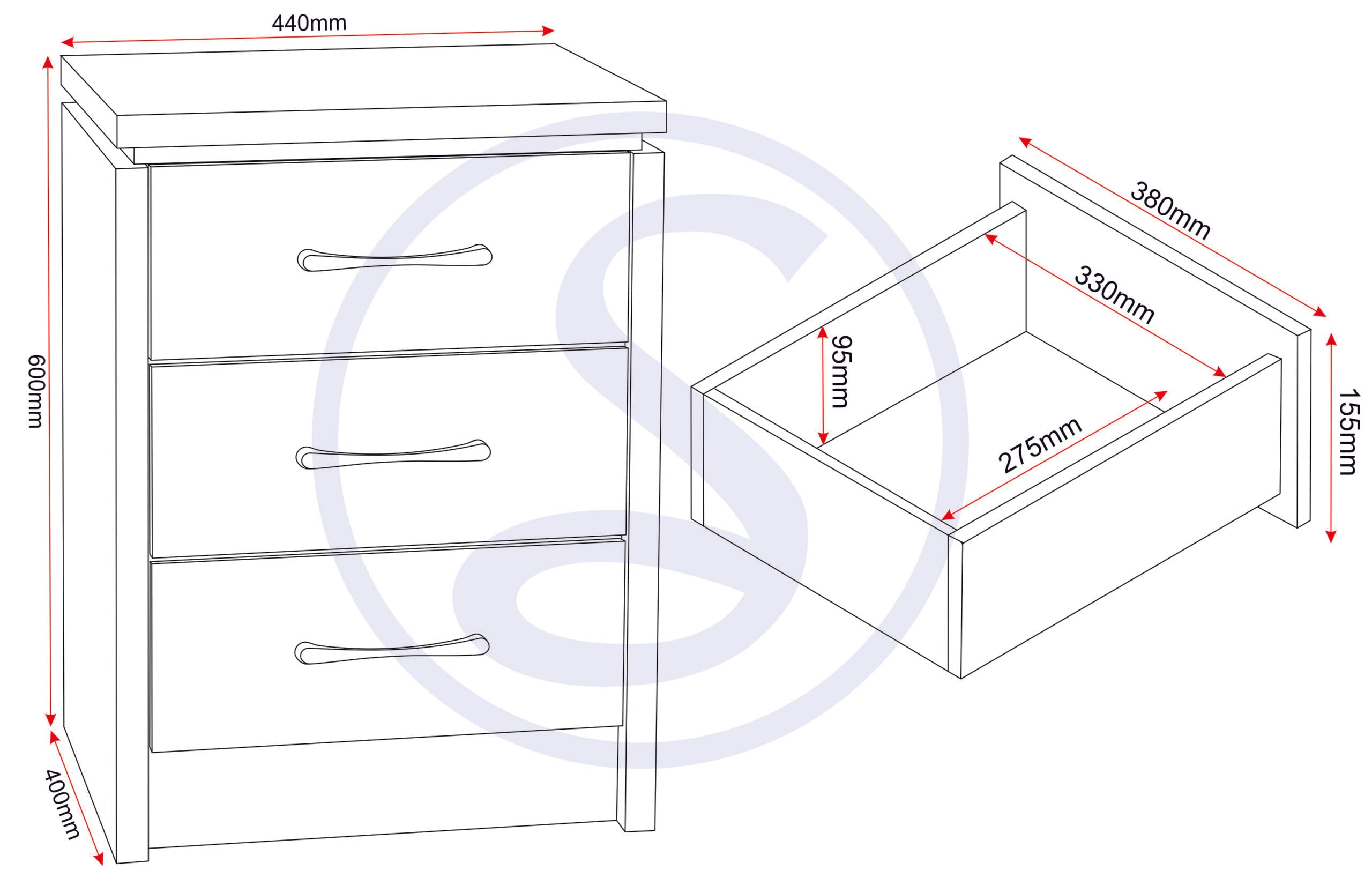 Charles 3 Drawer Bedside - Oak Effect Veneer