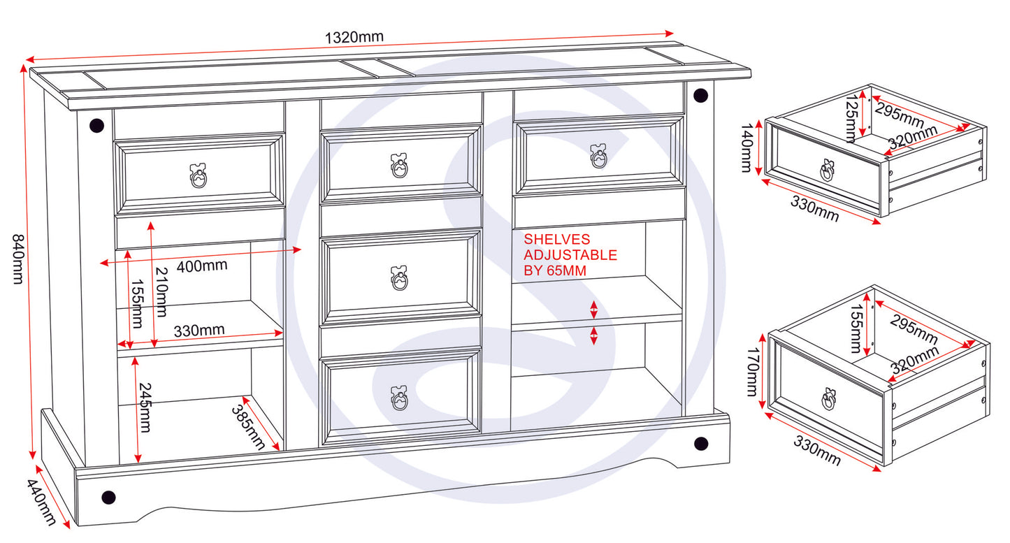 Corona 2 Door 5 Drawer Sideboard - Distressed Waxed Pine