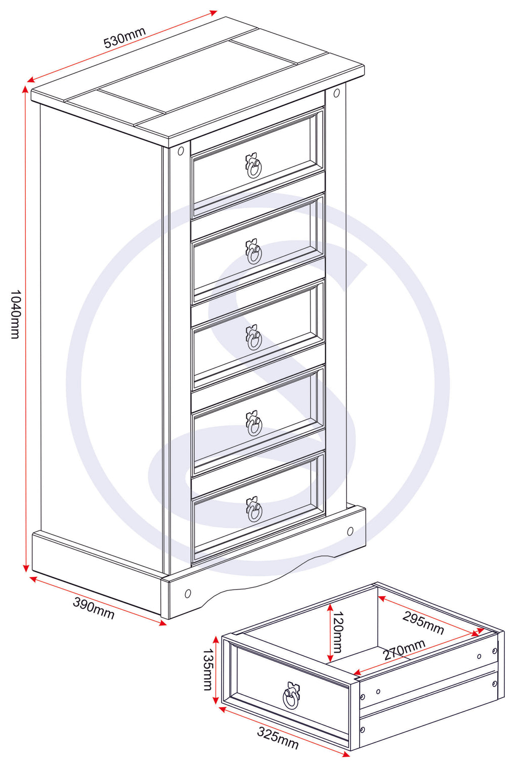 Corona 5 Drawer Narrow Chest - Distressed Waxed Pine
