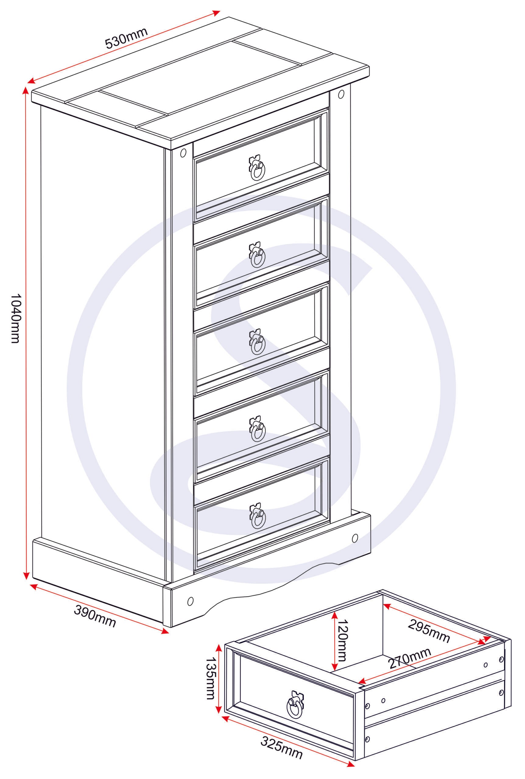 Corona 5 Drawer Narrow Chest - Distressed Waxed Pine