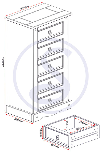 Corona 5 Drawer Narrow Chest - Distressed Waxed Pine