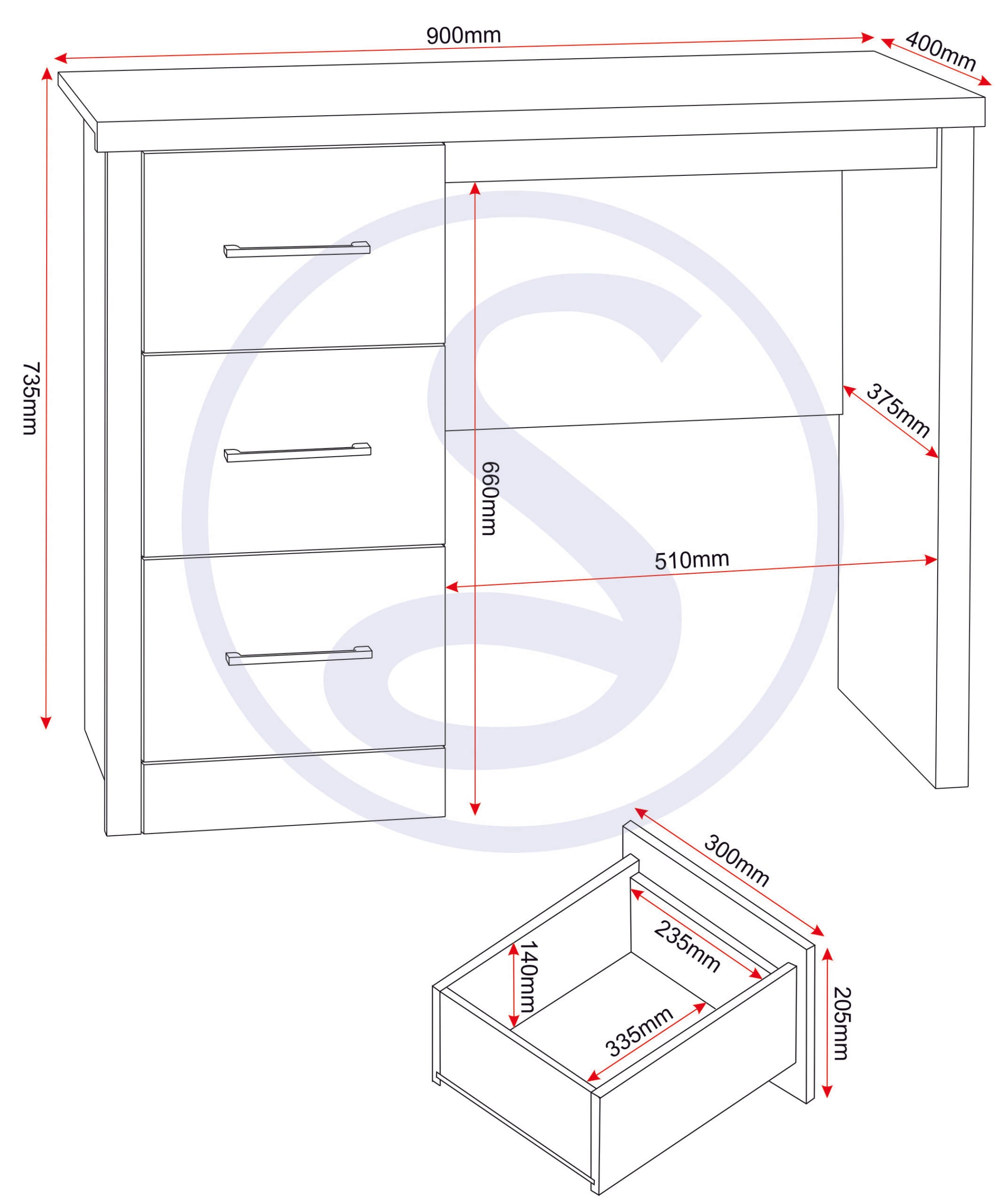 Lisbon 2Pc Dressing Table Set - Black Wood Grain/Black Pu