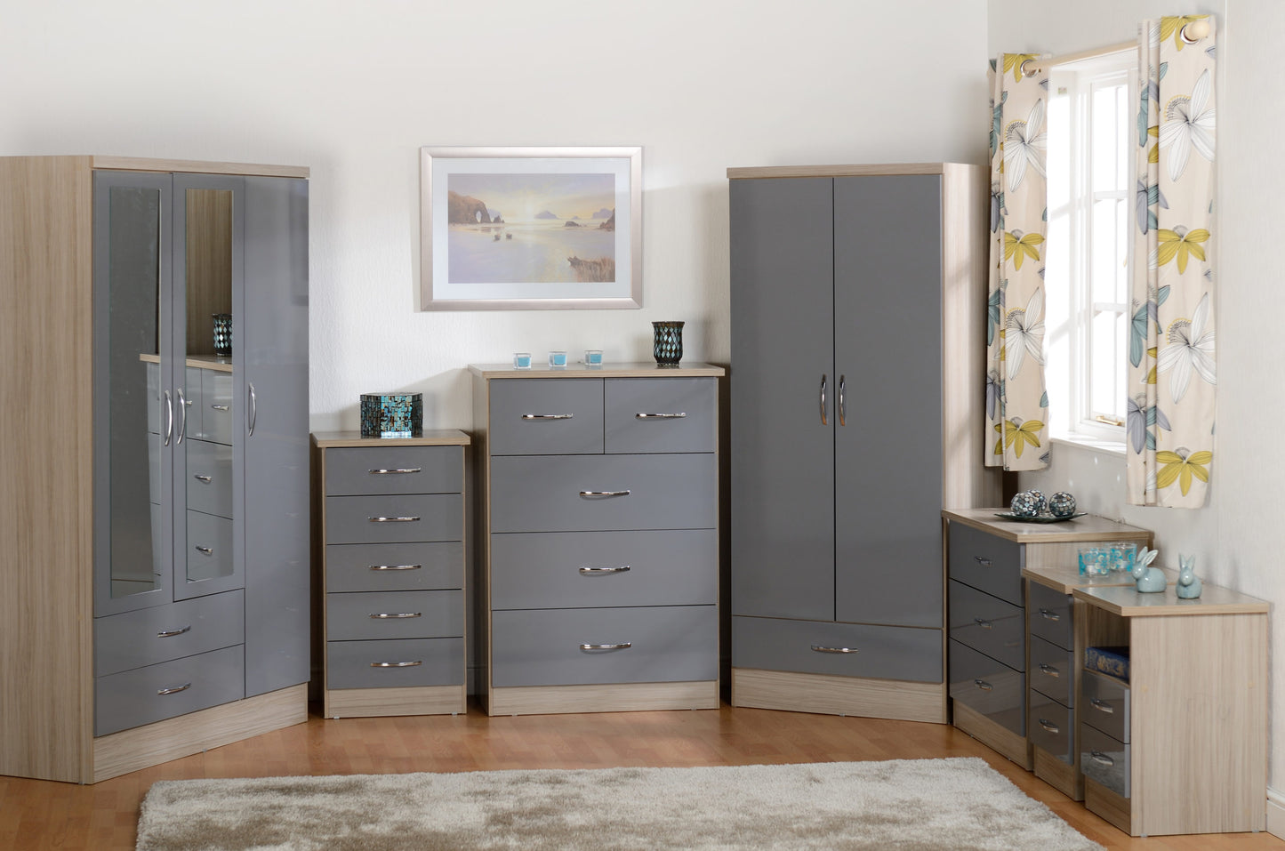 Nevada 3 Door 2 Drawer Wardrobe - Grey Gloss/Light Oak Effect Veneer