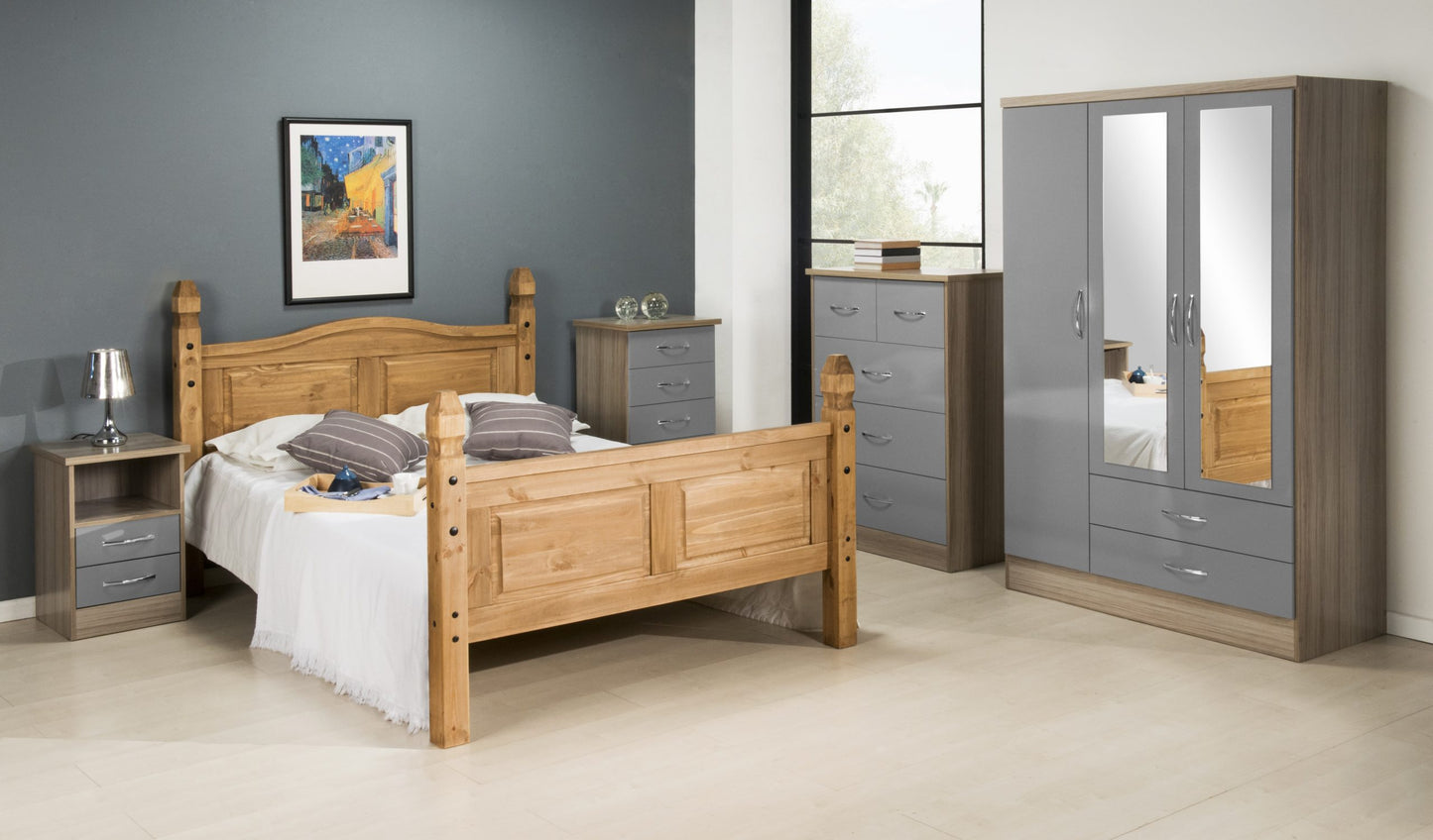 Nevada 3+2 Drawer Chest - Grey Gloss/Light Oak Effect Veneer