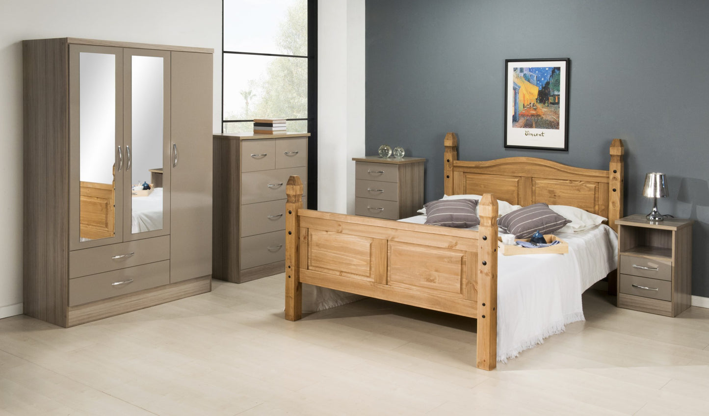 Nevada 5 Drawer Narrow Chest - Oyster Gloss/Light Oak Effect Veneer