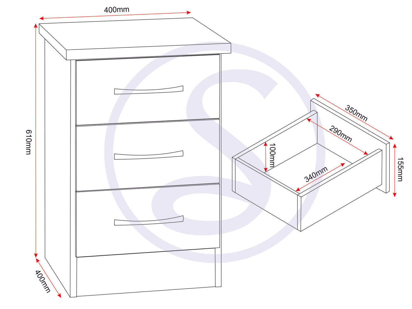 Nevada 3 Drawer Bedside - Oyster Gloss/Light Oak Effect Veneer