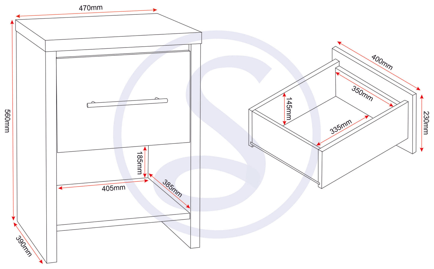 Seville 1 Drawer Bedside - Grey Gloss/Light Oak Effect Veneer