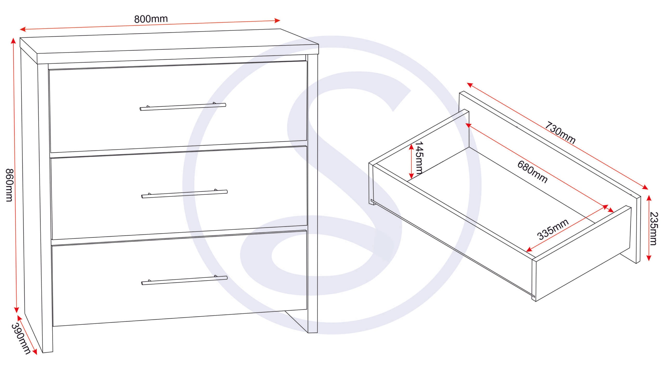 Seville Bedroom Trio Set - Grey Gloss/Light Oak Effect Veneer