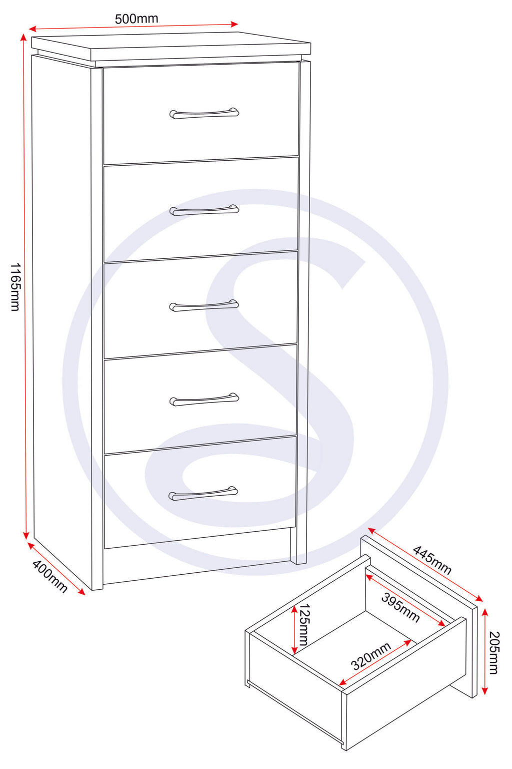 Charles 5 Drawer Narrow Chest - Oak Effect Veneer