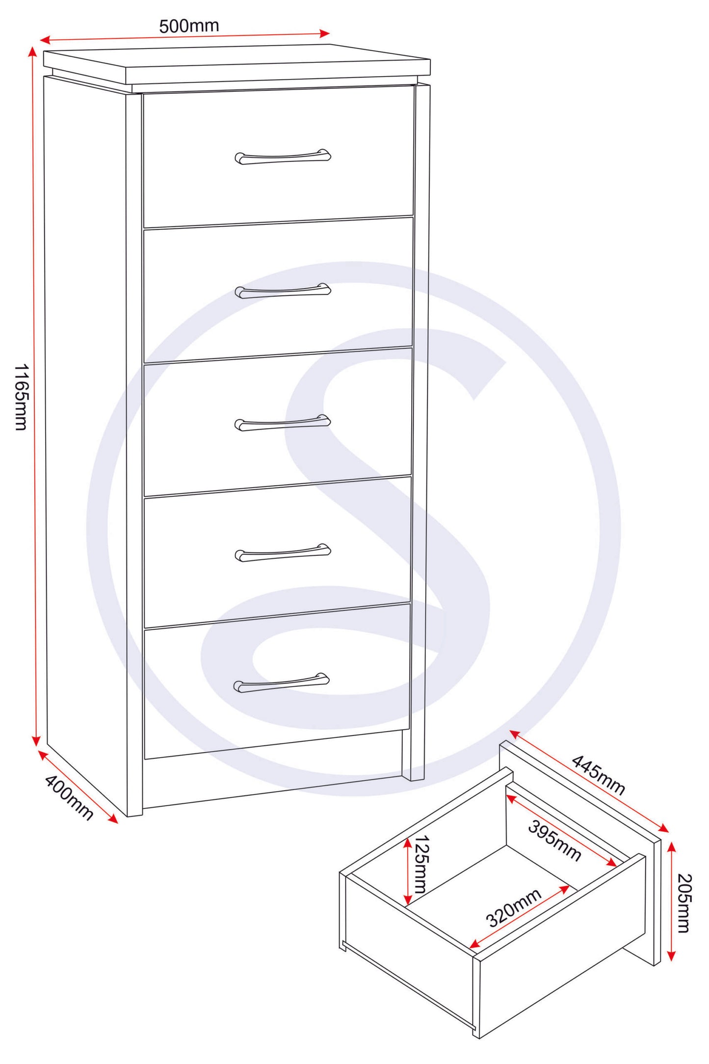 Charles 5 Drawer Narrow Chest - Oak Effect Veneer
