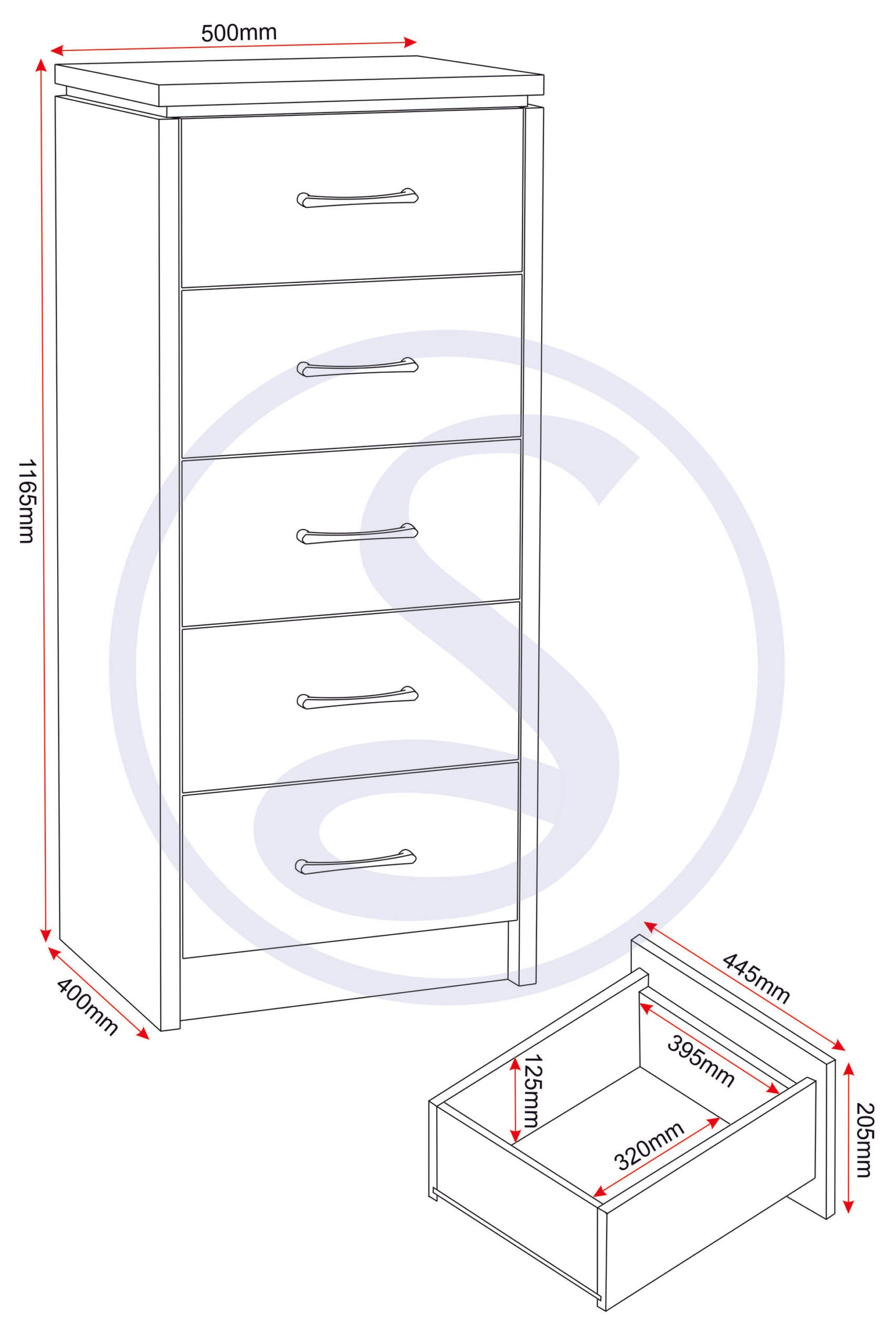 Charles 5 Drawer Narrow Chest - Oak Effect Veneer