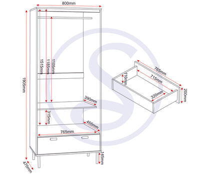 Leon 2 Door 1 Drawer Wardrobe - Medium Oak Effect