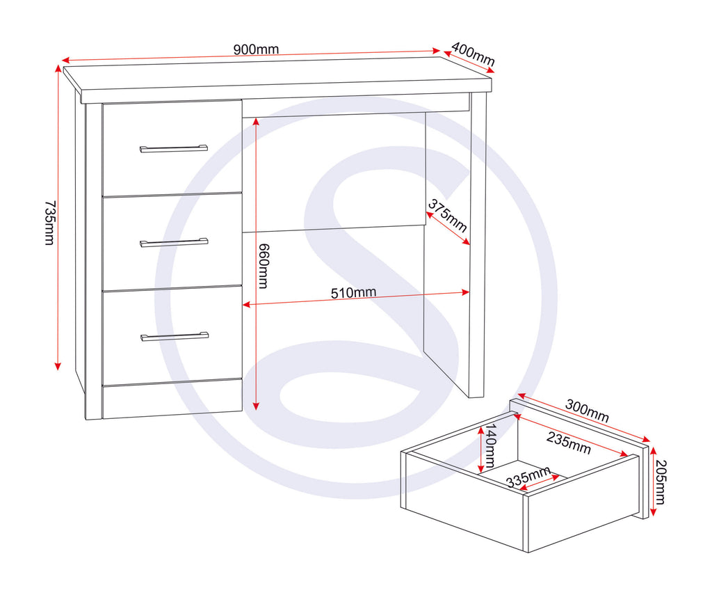 Lisbon 3Pc Dressing Table Set (With Mirror) - Black Wood Grain/Black Pu