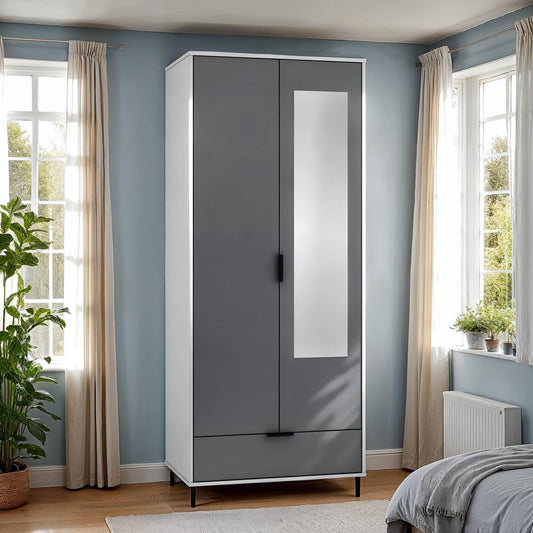 Madrid 2 Door 1 Drawer Wardrobe - Grey/White Gloss