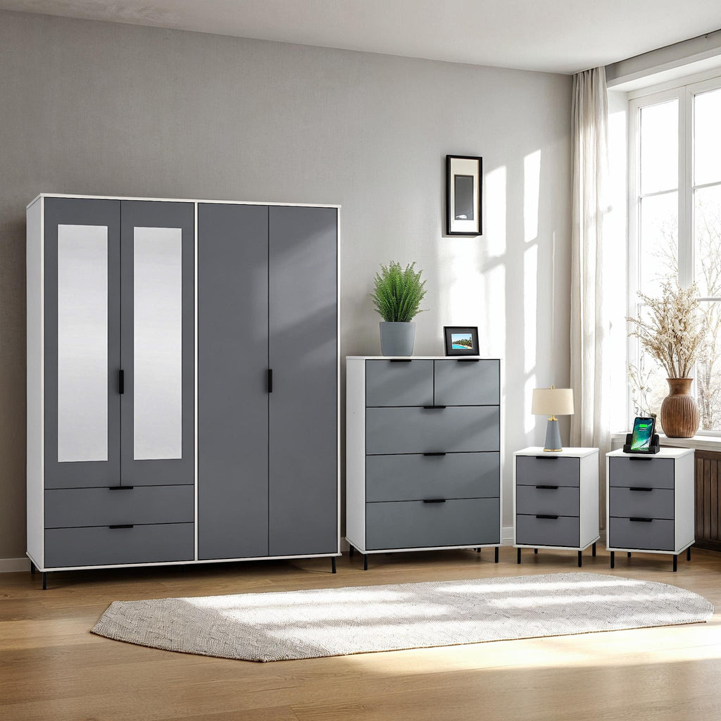 Madrid 4 Door Wardrobe Bedroom Set - Grey/White Gloss