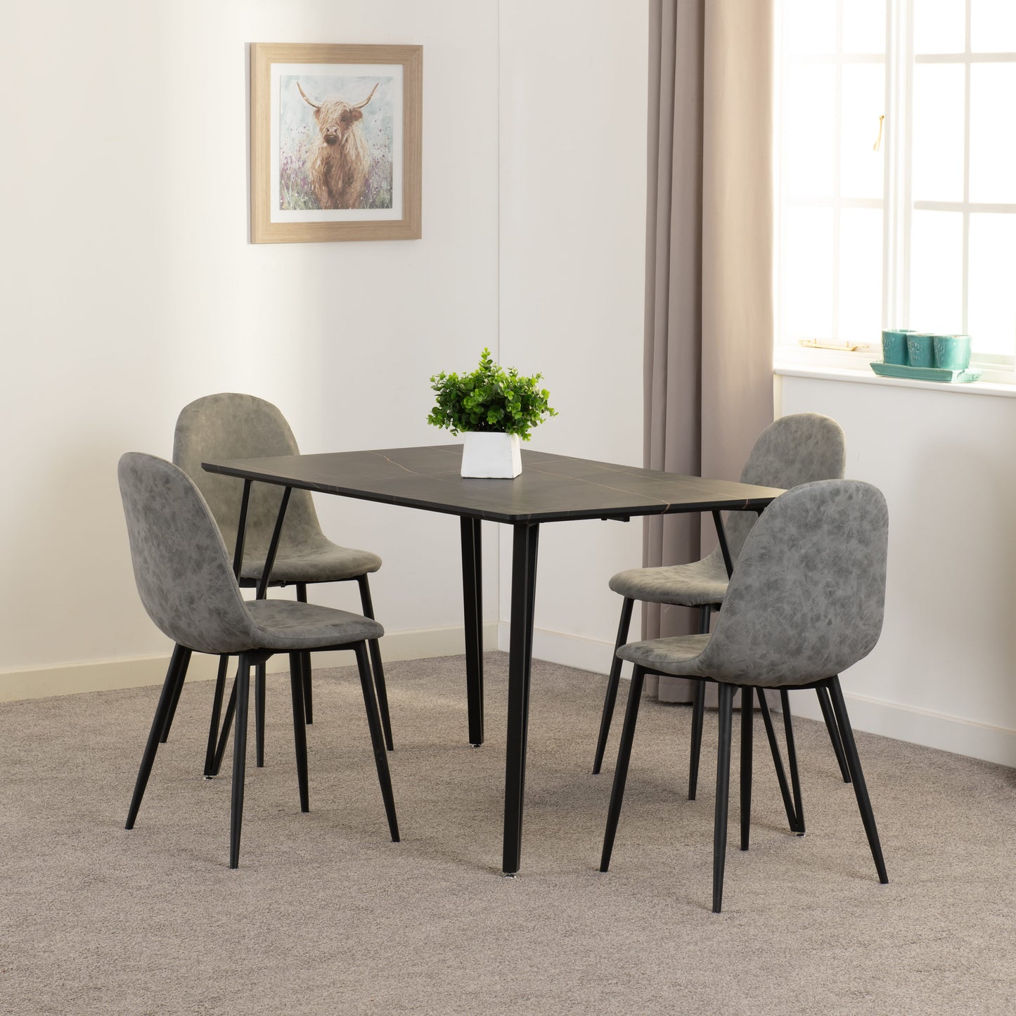 Marlow & Athens Dining Set (X4 Chairs) - Black Marble/Grey Pu