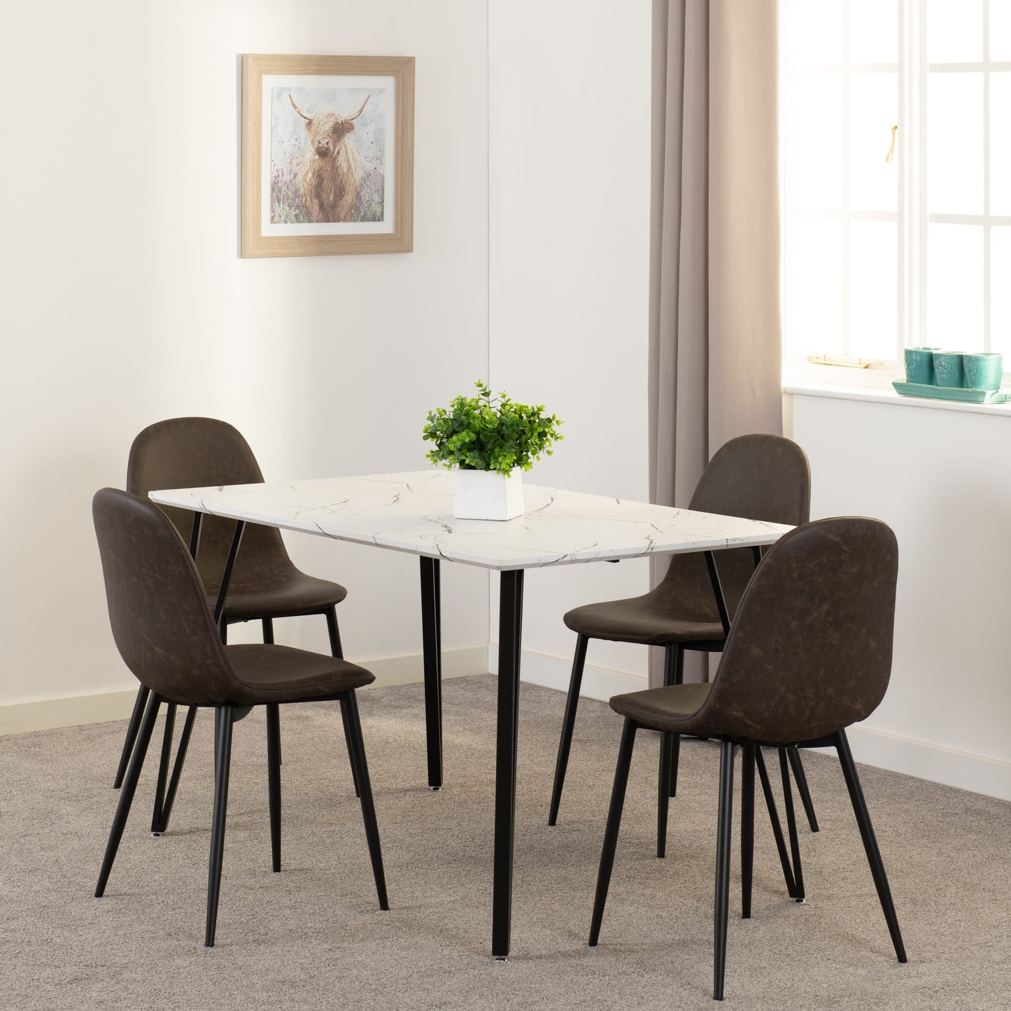 Marlow & Athens Dining Set (X4 Chairs) - White Marble/Brown Pu
