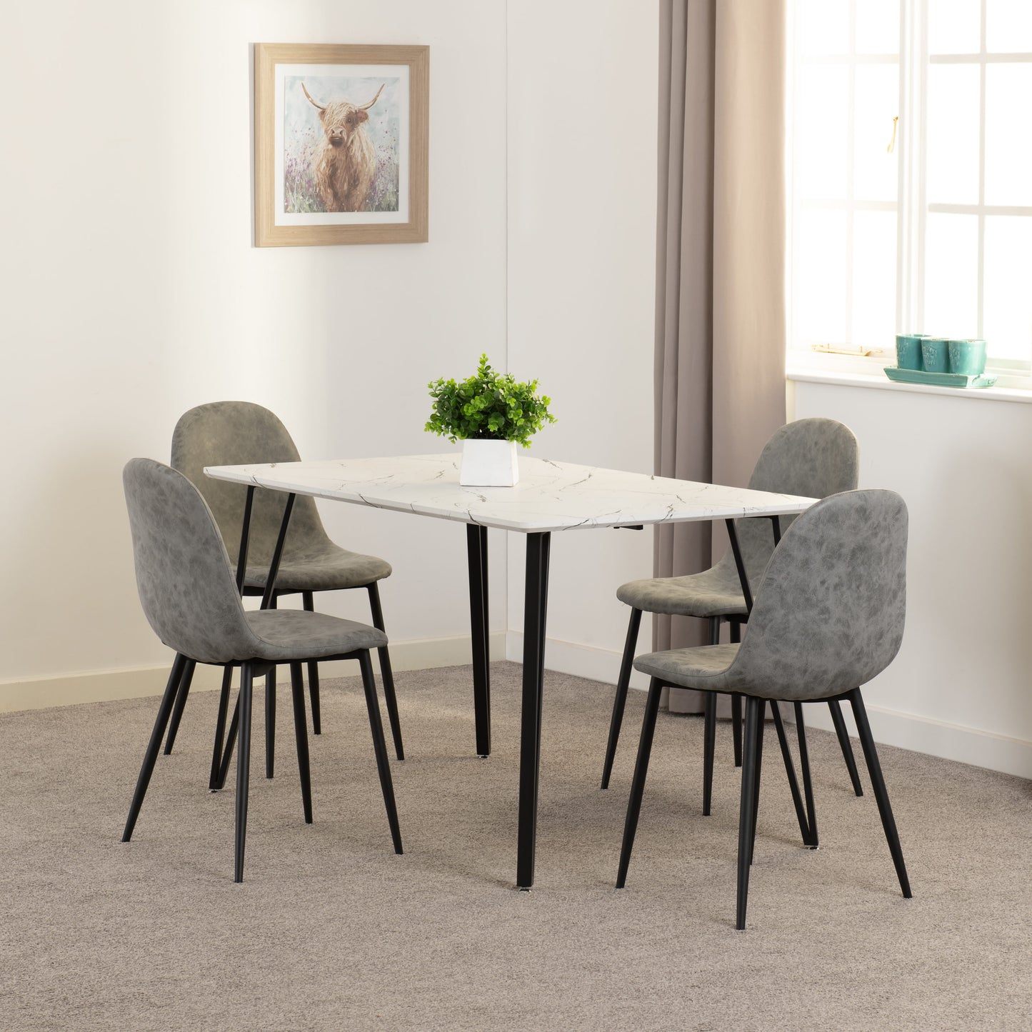 Marlow & Athens Dining Set (X4 Chairs) - White Marble/Grey Pu