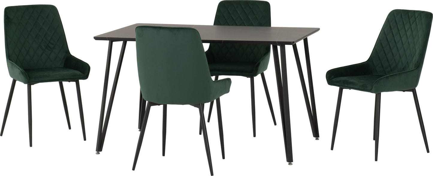 Marlow & Avery Dining Set (X4 Chairs) - Black Marble/Emerald Green Velvet