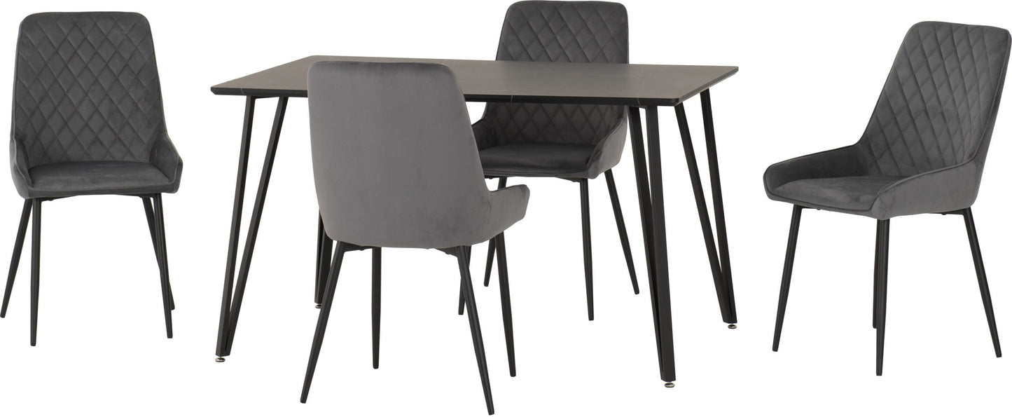 Marlow & Avery Dining Set (X4 Chairs) - Black Marble/Grey Velvet
