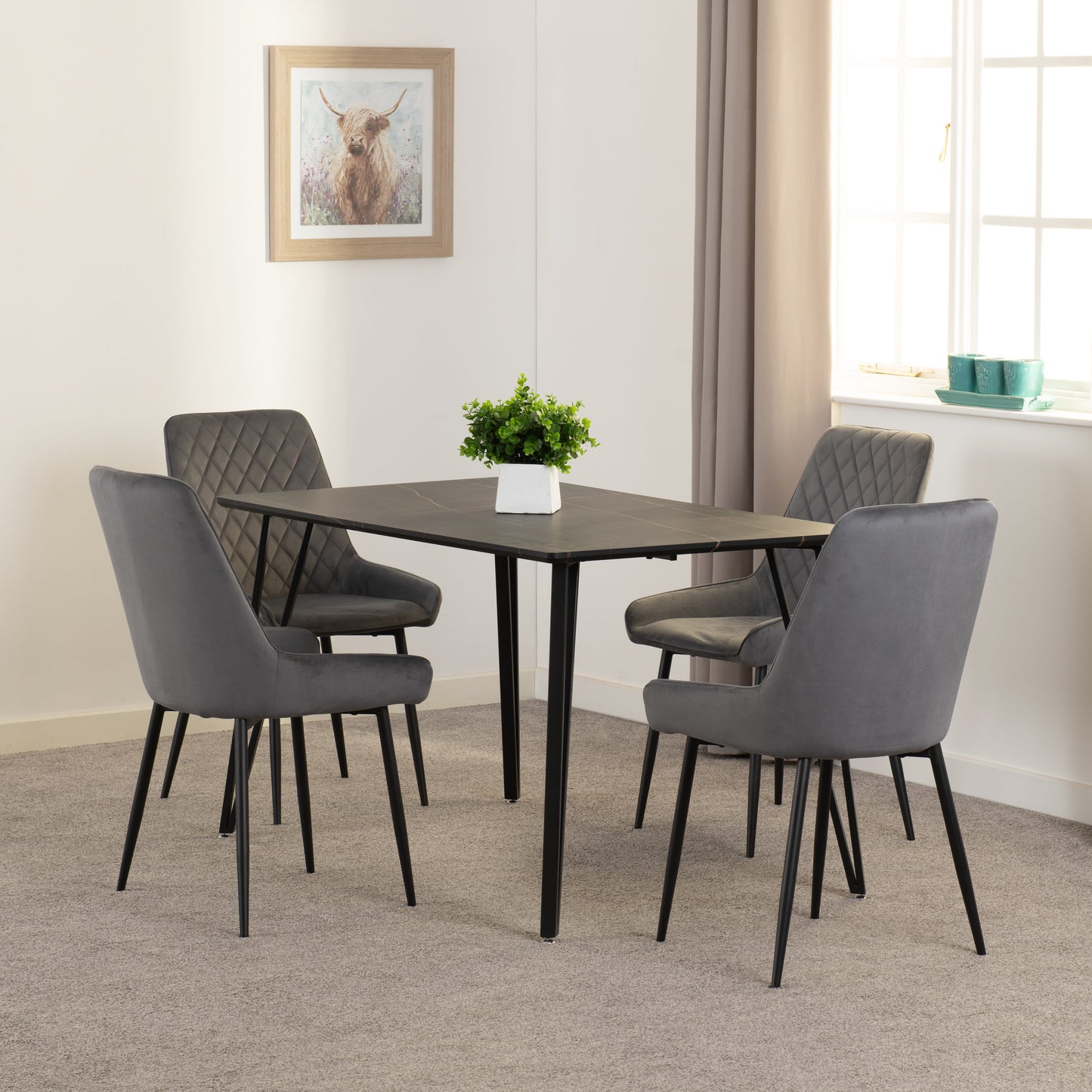 Marlow & Avery Dining Set (X4 Chairs) - Black Marble/Grey Velvet