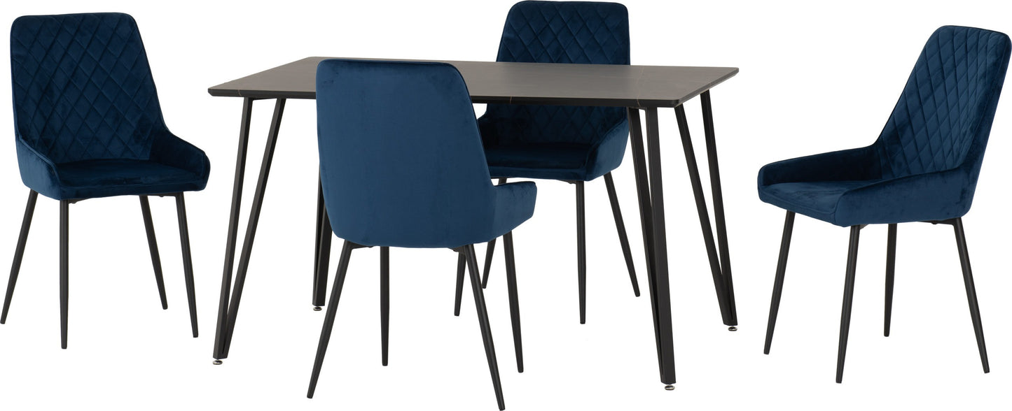 Marlow & Avery Dining Set (X4 Chairs) - Black Marble/Sapphire Blue Velvet