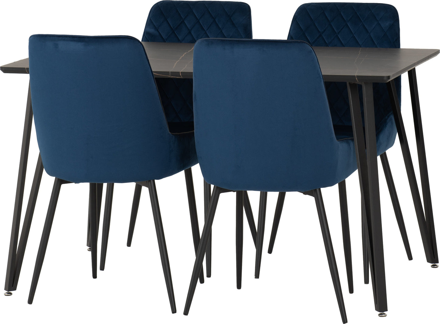 Marlow & Avery Dining Set (X4 Chairs) - Black Marble/Sapphire Blue Velvet