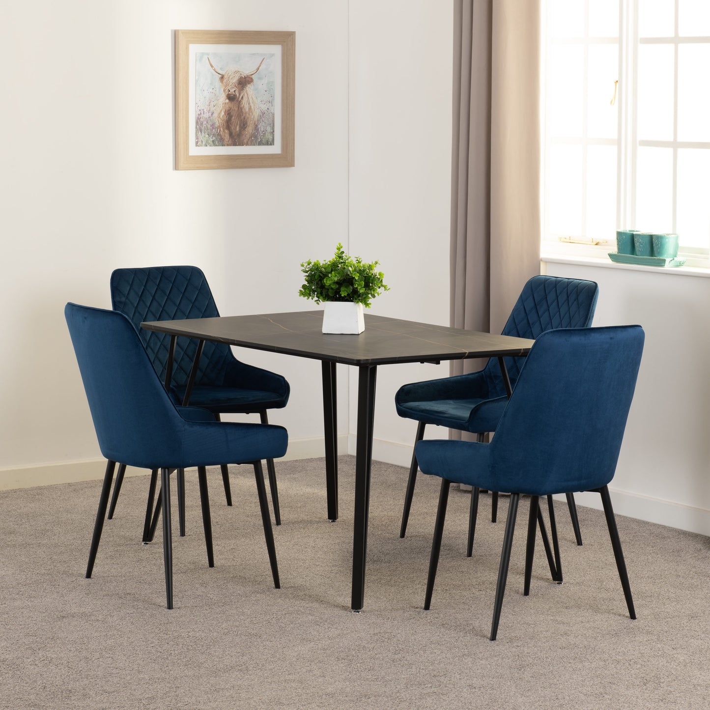 Marlow & Avery Dining Set (X4 Chairs) - Black Marble/Sapphire Blue Velvet