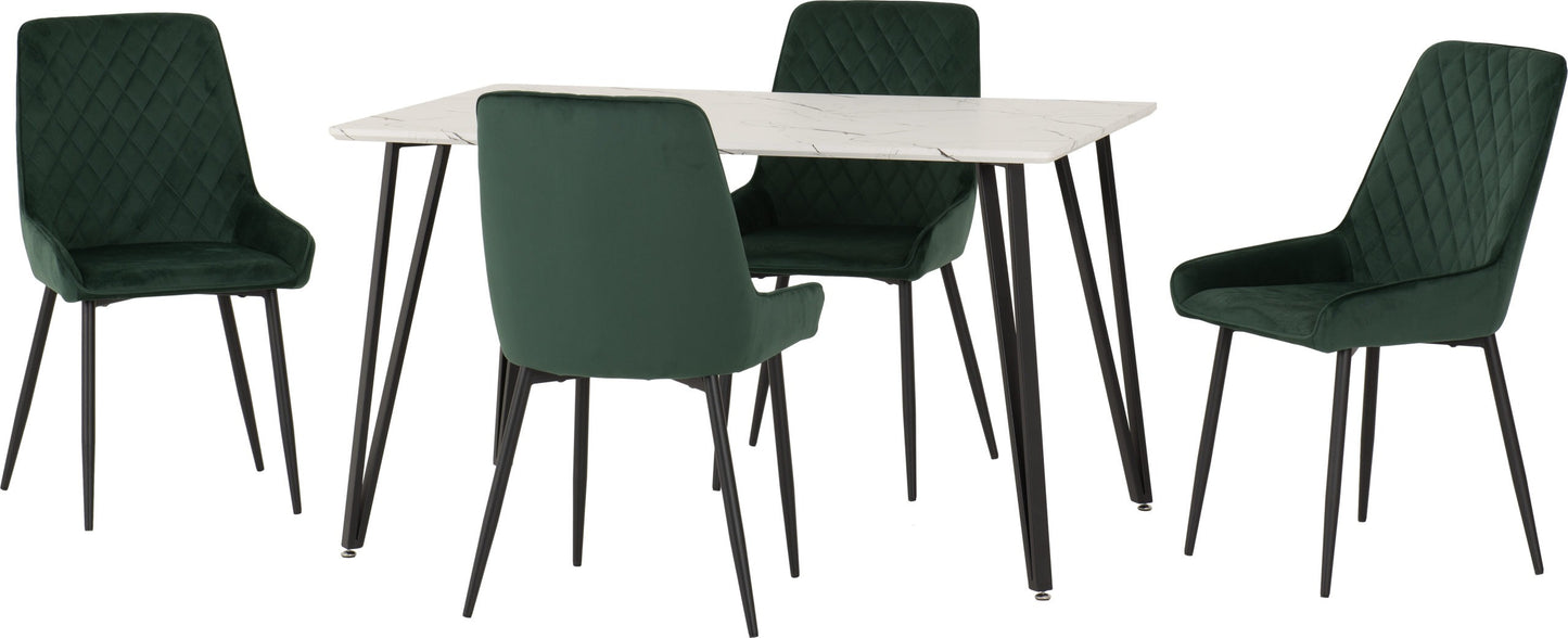 Marlow & Avery Dining Set (X4 Chairs) - White Marble/Emerald Green Velvet