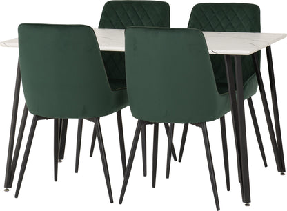 Marlow & Avery Dining Set (X4 Chairs) - White Marble/Emerald Green Velvet