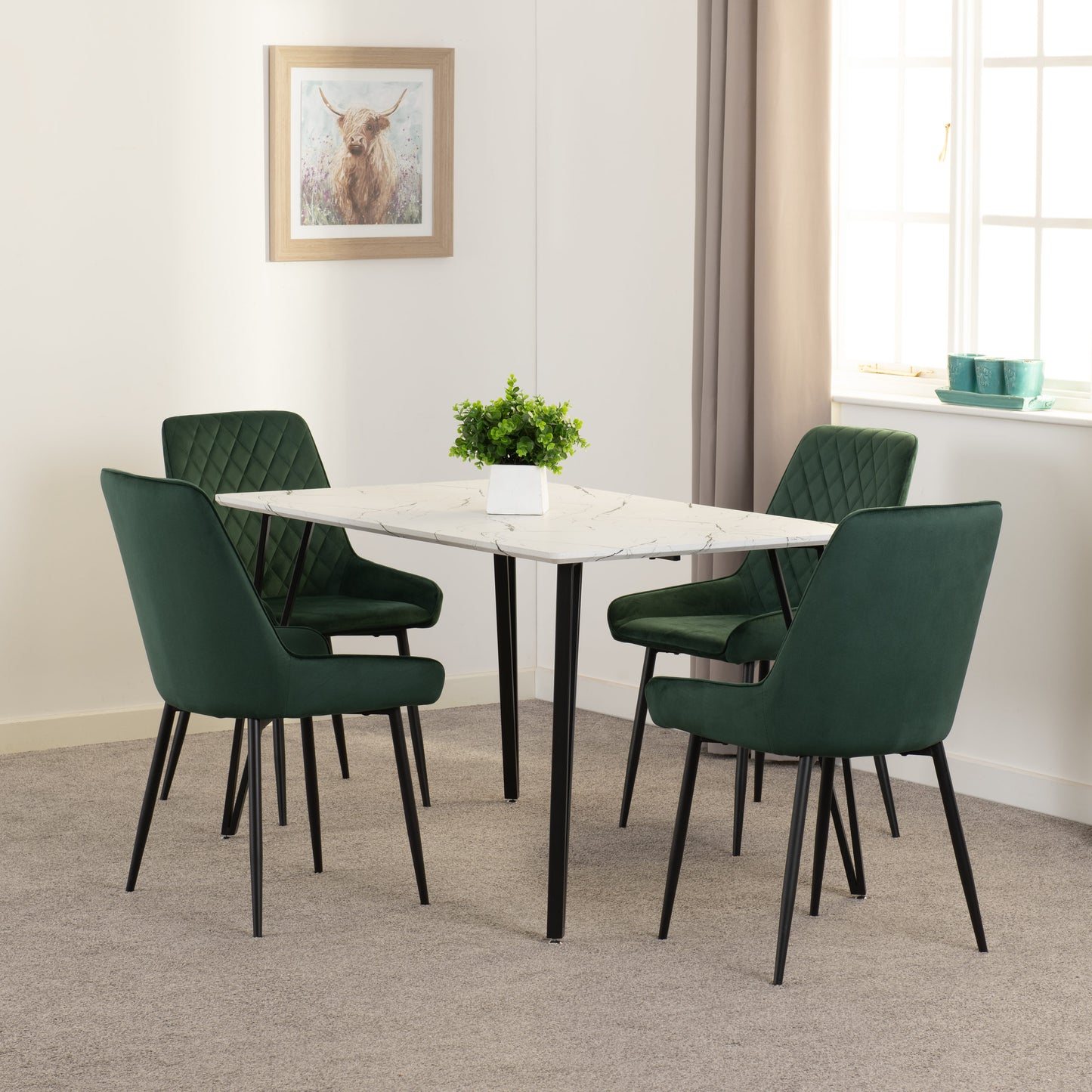Marlow & Avery Dining Set (X4 Chairs) - White Marble/Emerald Green Velvet