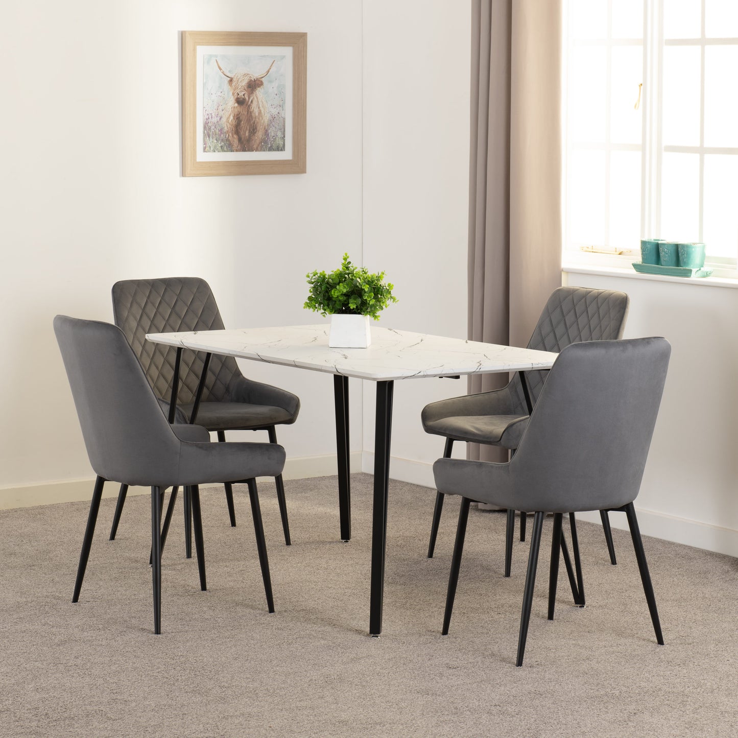 Marlow & Avery Dining Set (X4 Chairs) - White Marble/Grey Velvet