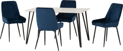 Marlow & Avery Dining Set (X4 Chairs) - White Marble/Sapphire Blue Velvet