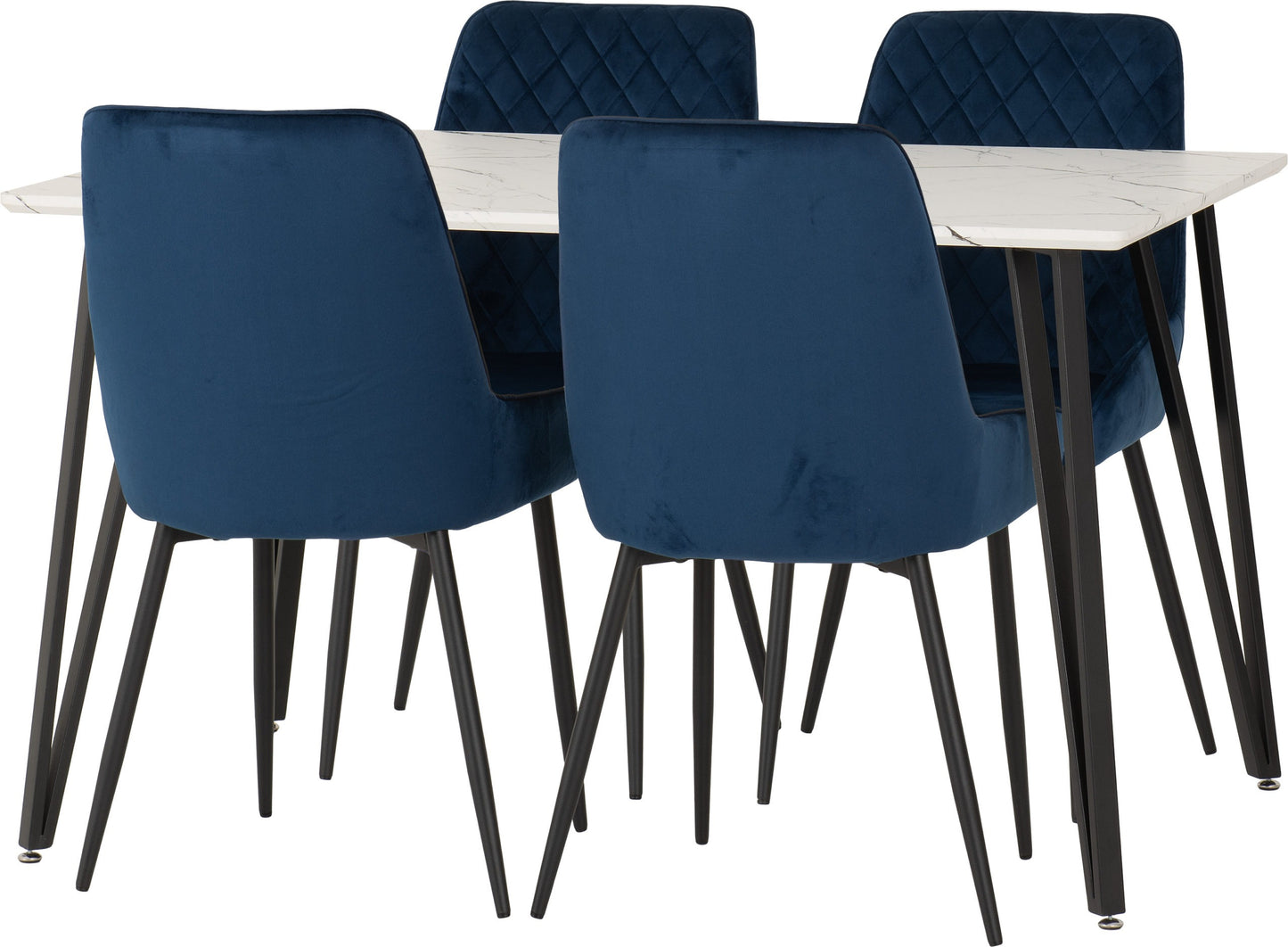 Marlow & Avery Dining Set (X4 Chairs) - White Marble/Sapphire Blue Velvet
