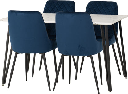 Marlow & Avery Dining Set (X4 Chairs) - White Marble/Sapphire Blue Velvet