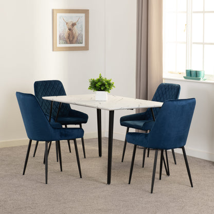 Marlow & Avery Dining Set (X4 Chairs) - White Marble/Sapphire Blue Velvet