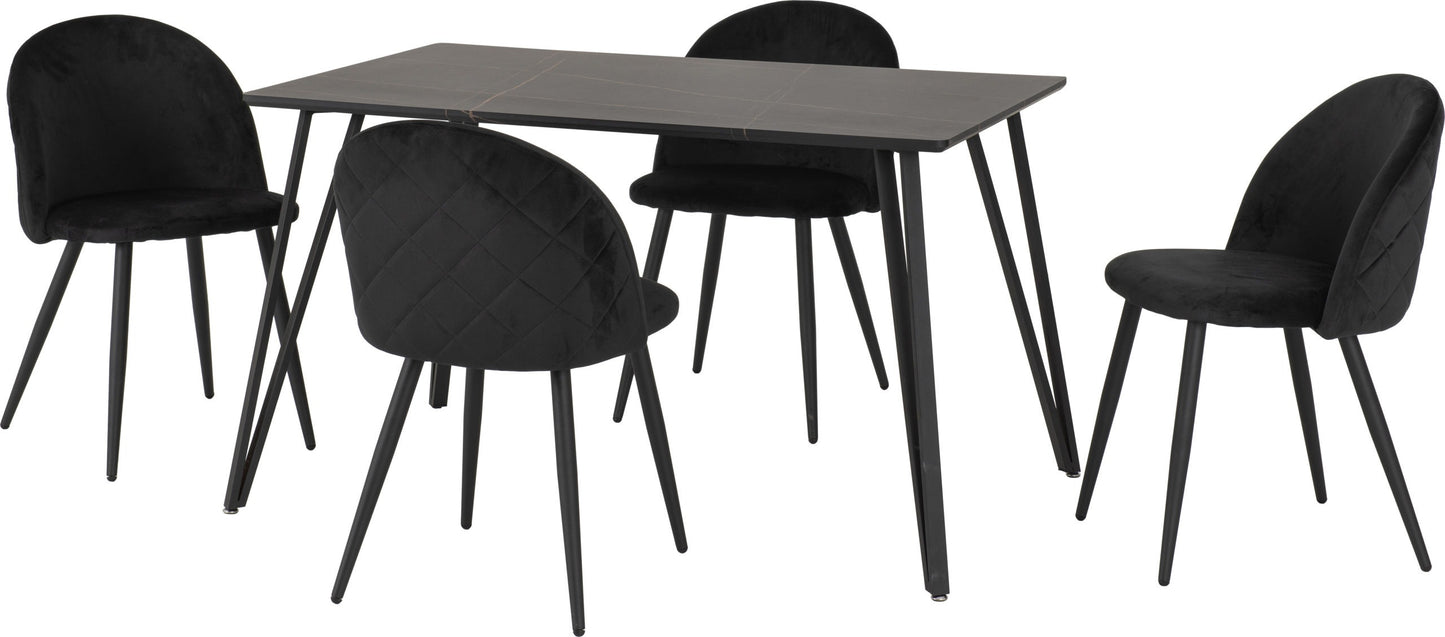 Marlow Dining Set (X4 Chairs) - Black Marble/Black Velvet