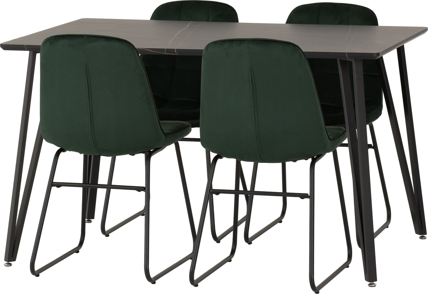 Marlow & Lukas Dining Set (X4 Chairs) - Black Marble/Emerald Green Velvet