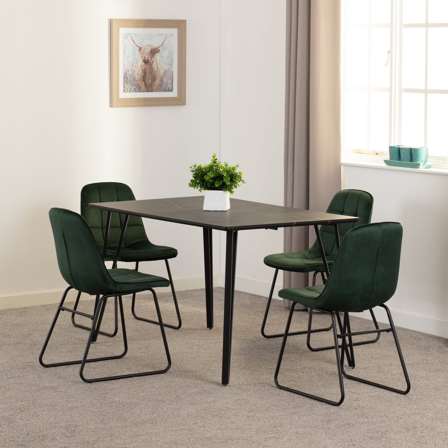 Marlow & Lukas Dining Set (X4 Chairs) - Black Marble/Emerald Green Velvet