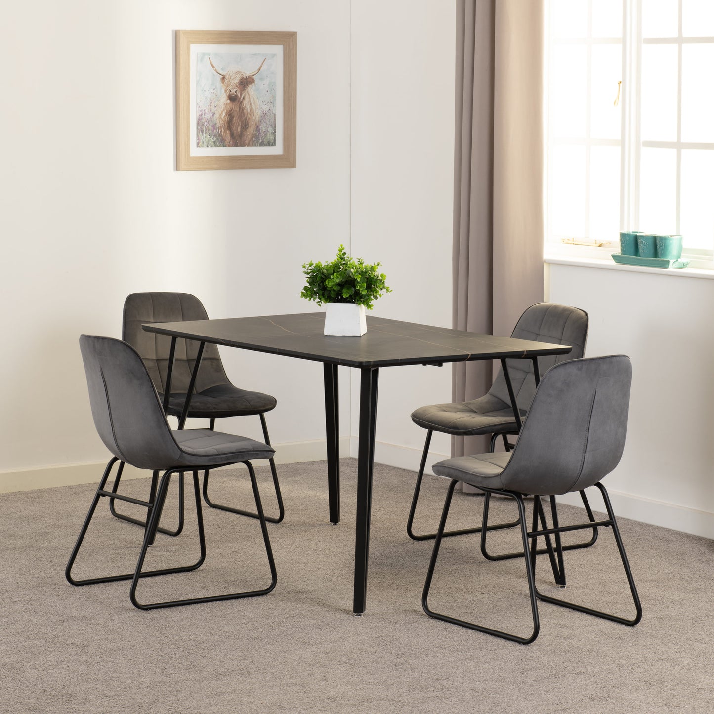 Marlow & Lukas Dining Set (X4 Chairs) - Black Marble/Grey Velvet