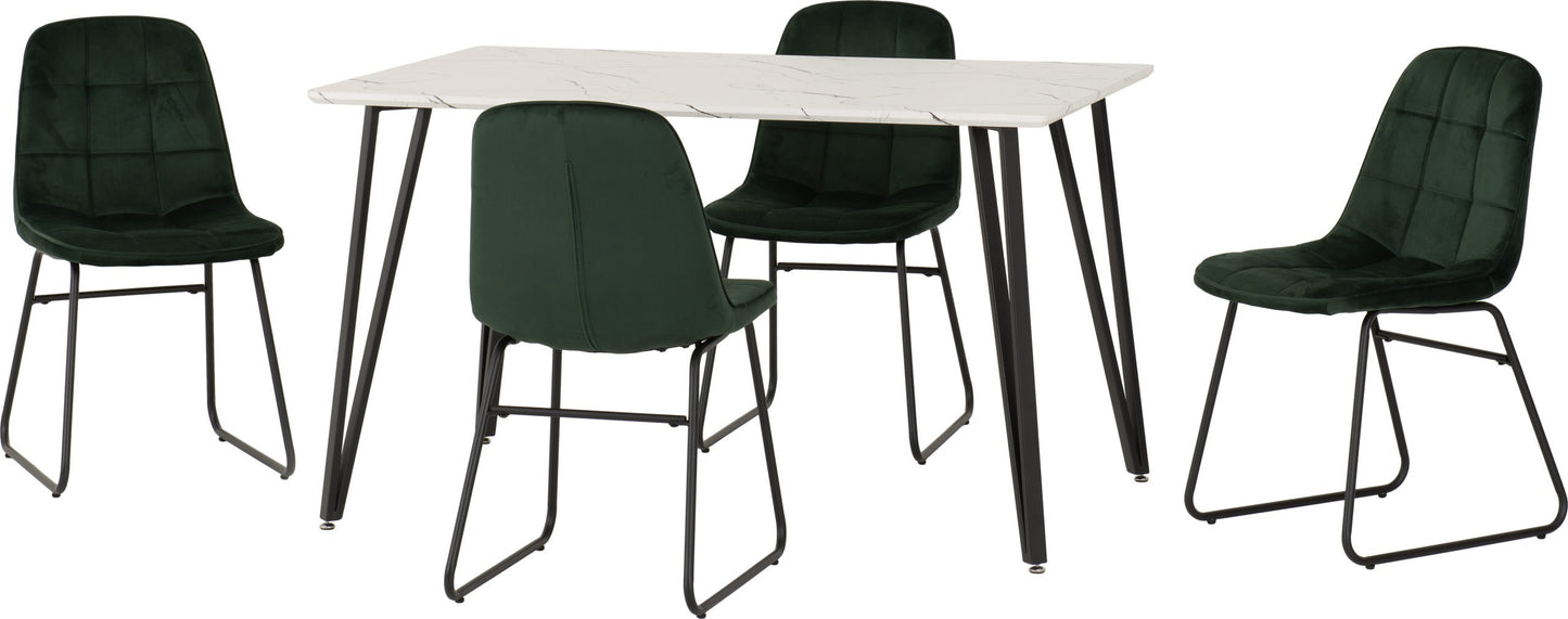 Marlow & Lukas Dining Set (X4 Chairs) - White Marble/Emerald Green Velvet