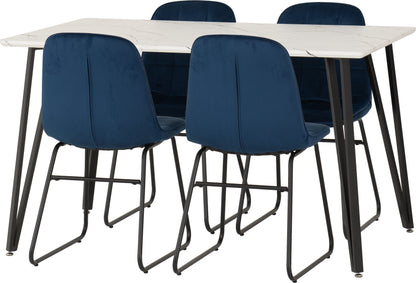 Marlow & Lukas Dining Set (X4 Chairs) - White Marble/Sapphire Blue Velvet