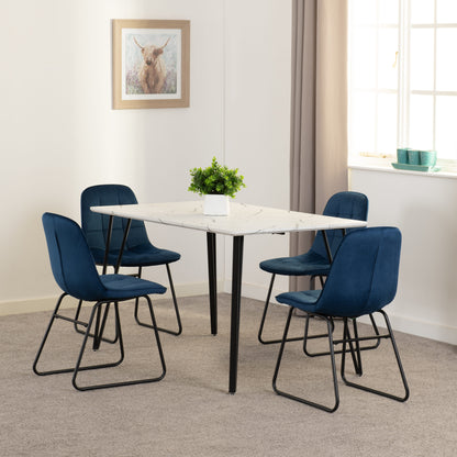 Marlow & Lukas Dining Set (X4 Chairs) - White Marble/Sapphire Blue Velvet