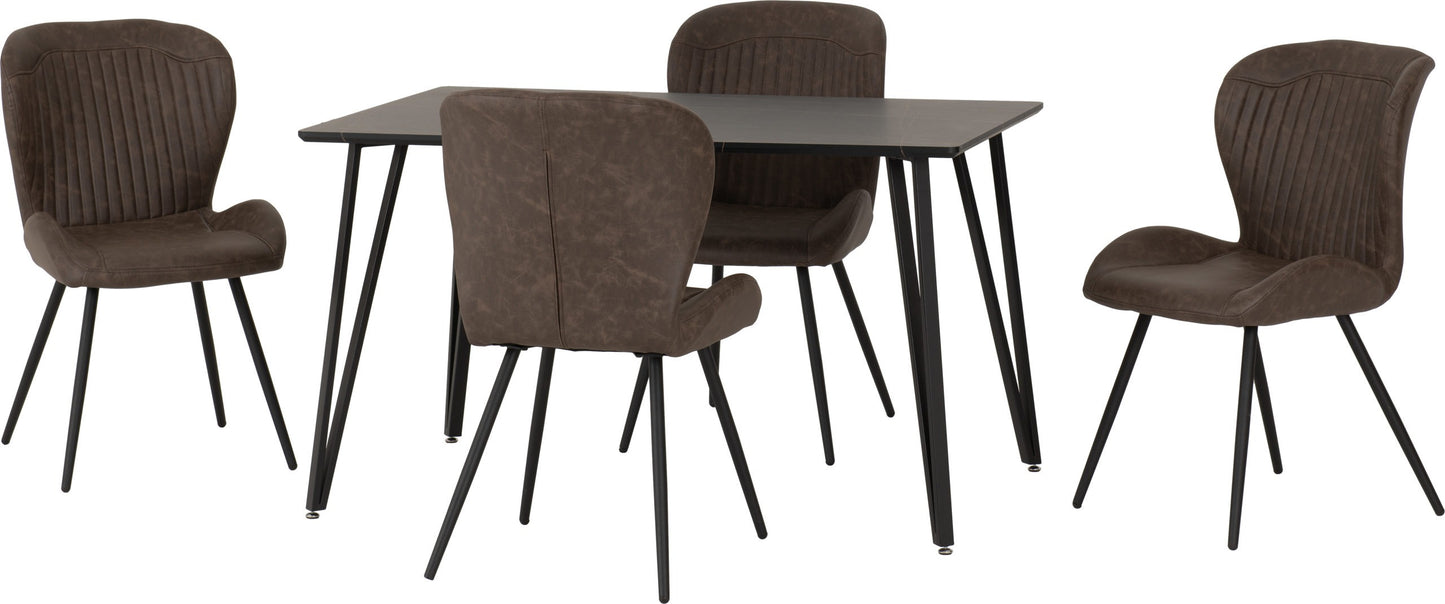 Marlow & Quebec Dining Set (X4 Chairs) - Black Marble/Brown Pu